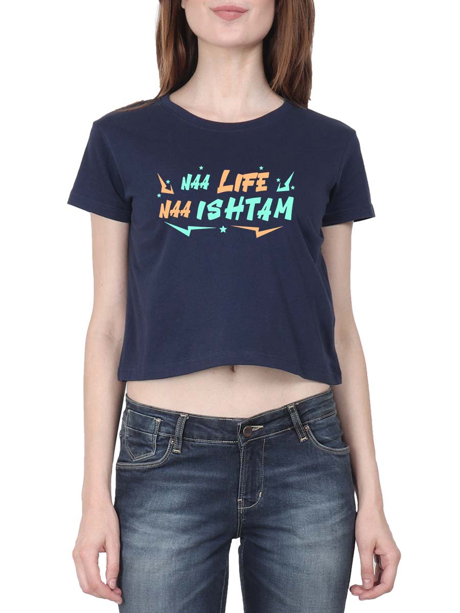Naa Life Naa Ishtam Women Navy Blue Telugu Comedy Croptop