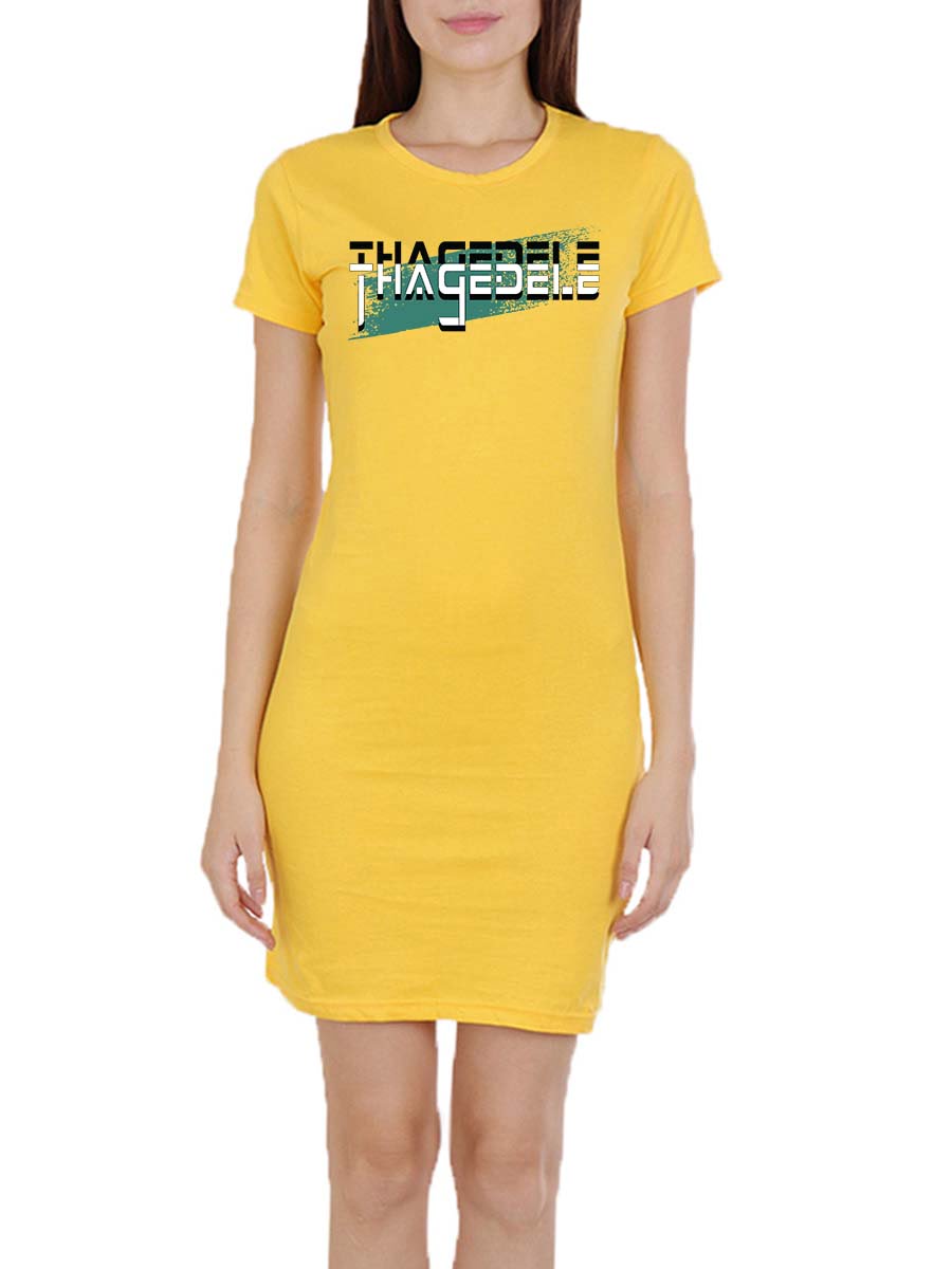 Thagedele Digital Women Yellow Telugu T-Shirt Dress