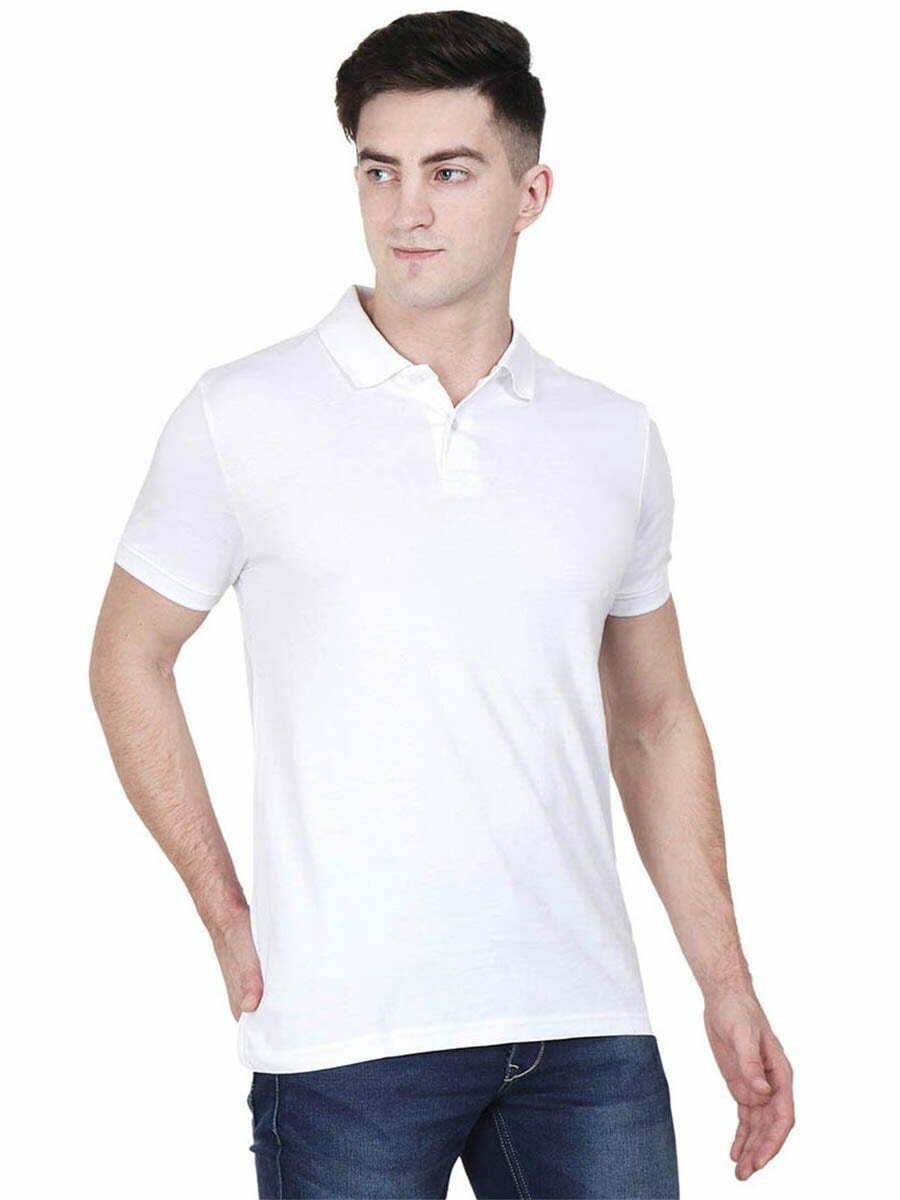 Men's White Plain Half Sleeve Polo Collared T-Shirt