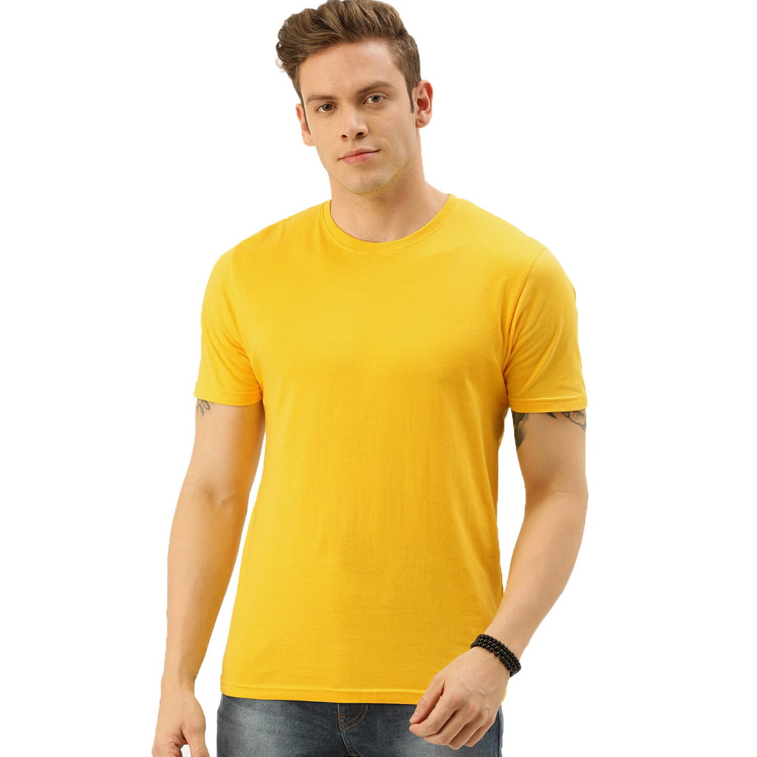 Plain Men's Yellow Half Sleeve Round Neck T-Shirt
