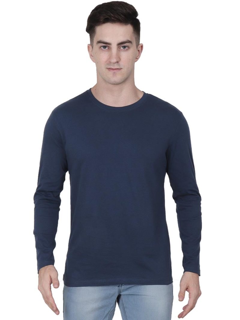 Plain Men's Navy Blue Full Sleeve Round Neck T-Shirt