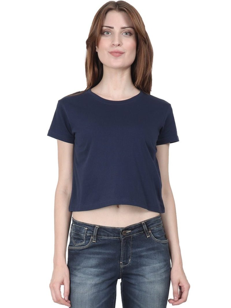 Plain Women's Navy Blue Half Sleeve Crop Top