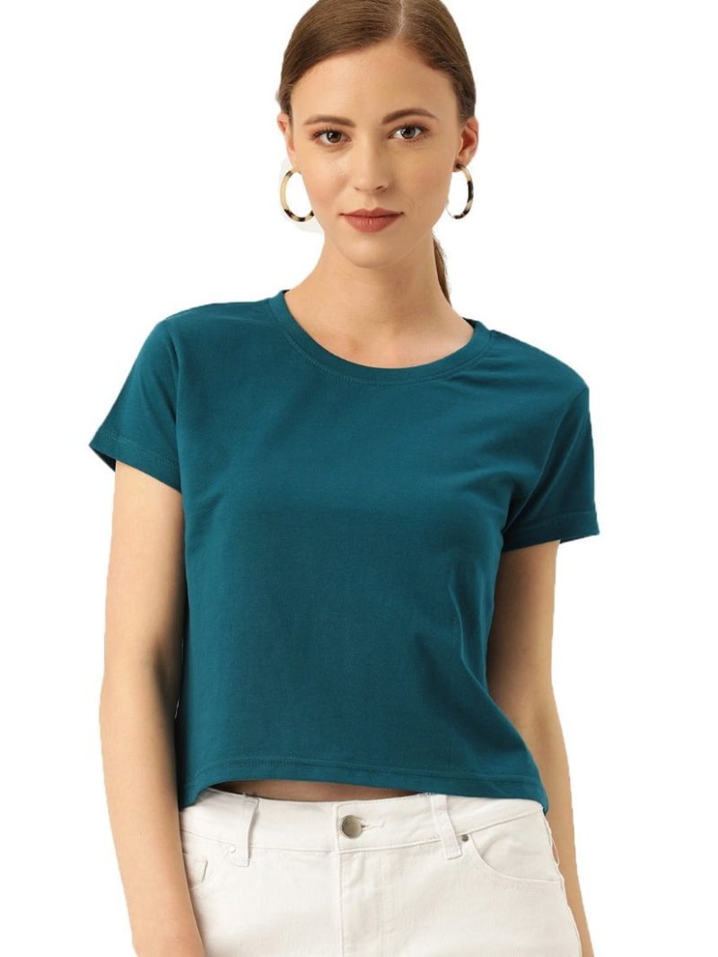 Plain Women's Petrol Half Sleeve Crop Top