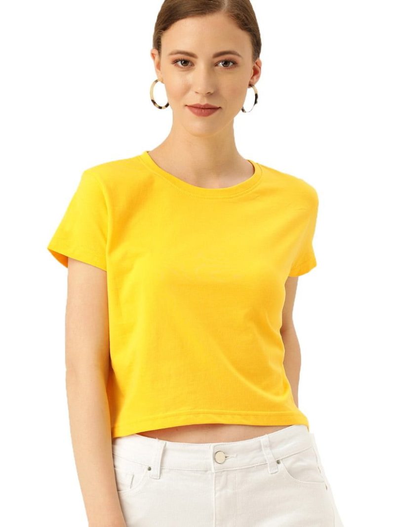 Plain Women's Yellow Half Sleeve Crop Top