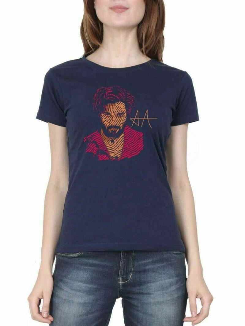 Allu Arjun Sign Women Half Sleeve Navy Blue Telugu Movie T Shirt