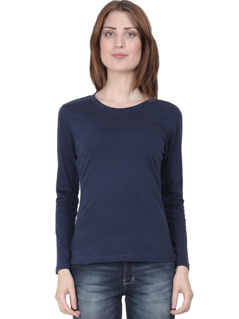 Plain Women's Navy Blue Full Sleeve Round Neck T-Shirt