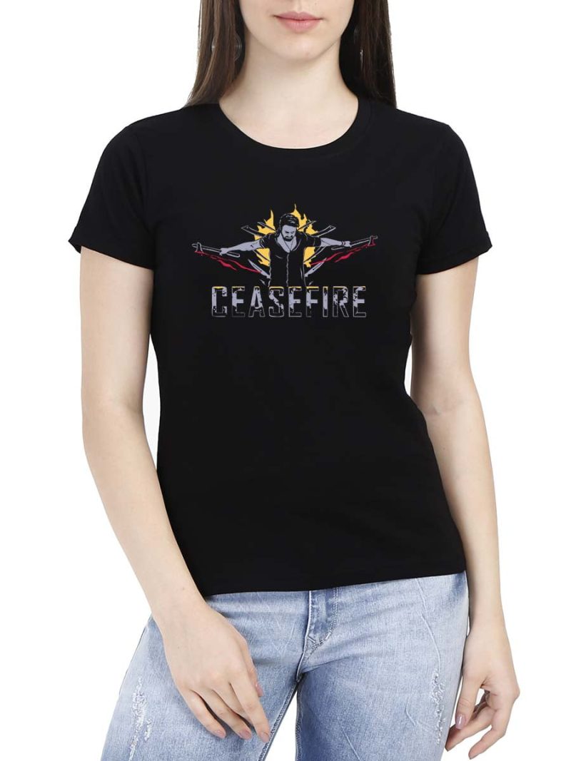 Rebel Star Ceasefire Telugu Women Half Sleeve Black Prabhas T-Shirt