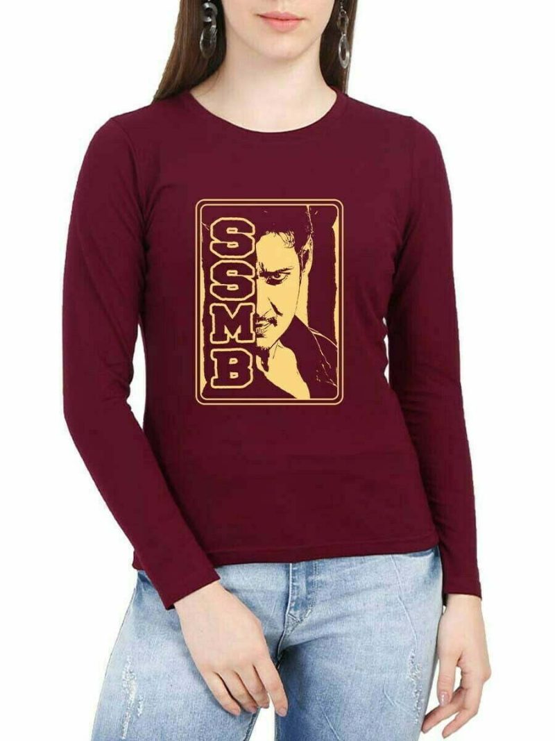 SSMB Mahesh Babu Face Women Full Sleeve Maroon Telugu T Shirt