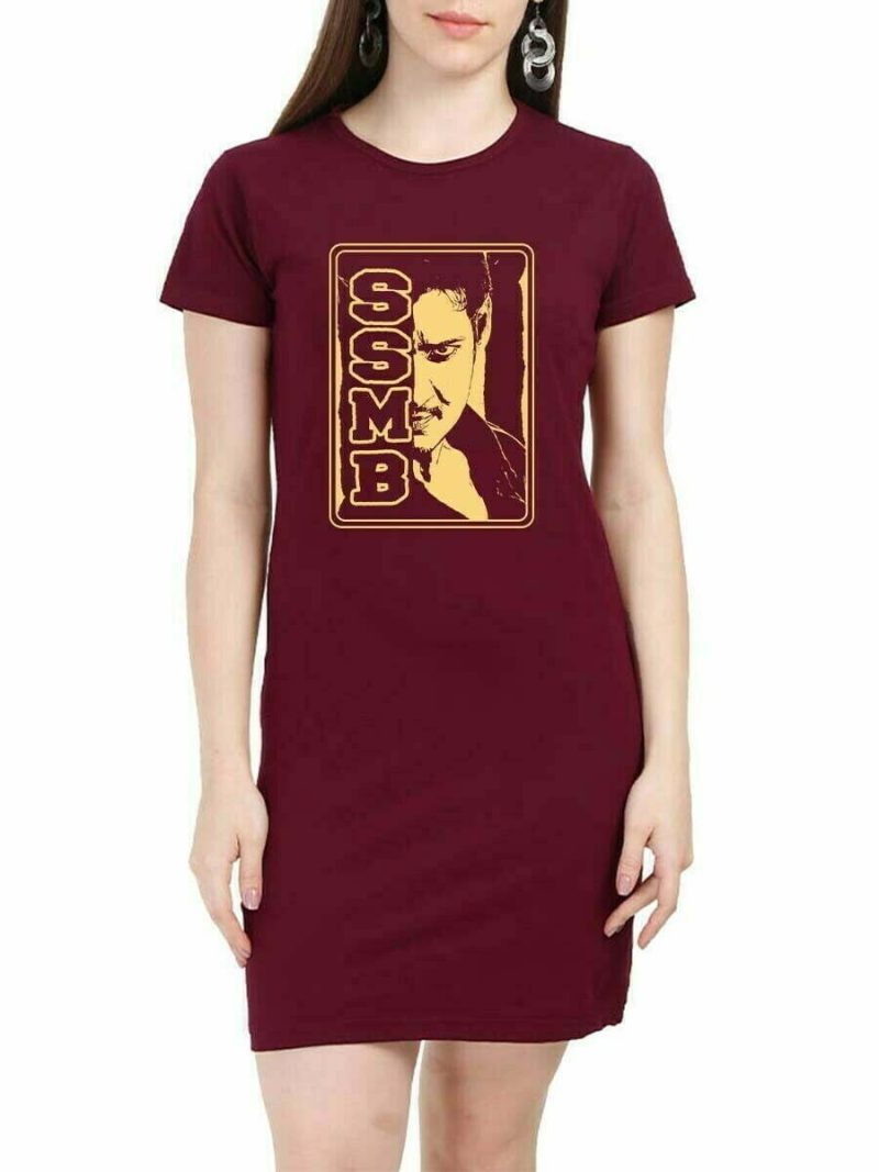 SSMB Mahesh Babu Face Women Maroon Telugu Tshirt Dress