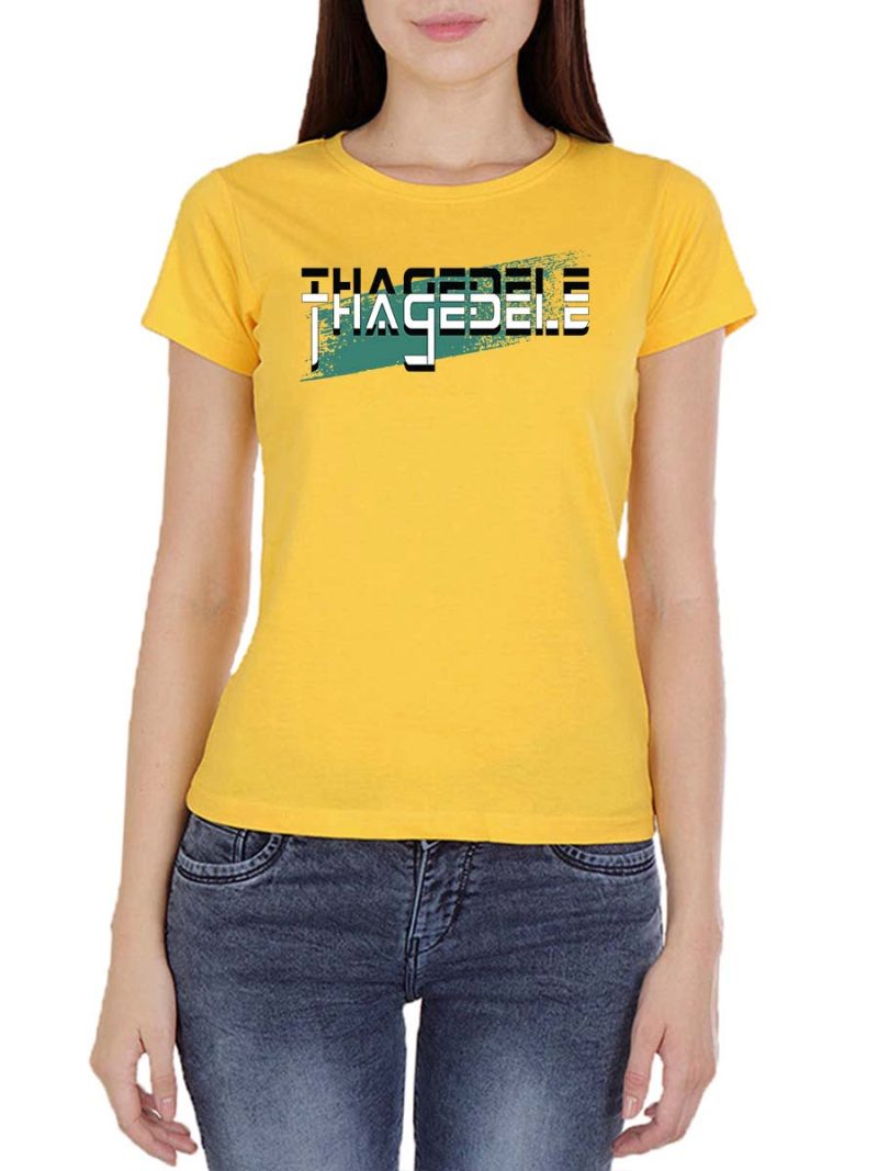 Thagedele Digital Women Half Sleeve Yellow Telugu T-Shirt