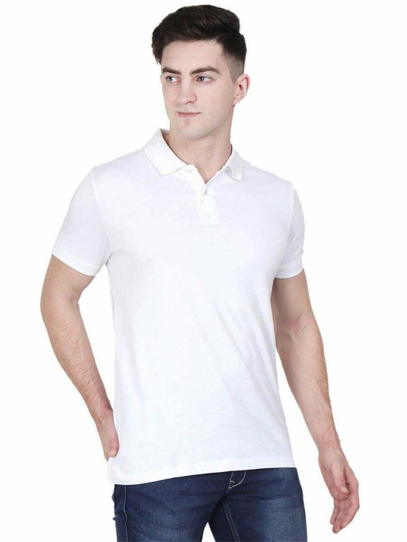 Men's White Plain Half Sleeve Polo Collared T-Shirt
